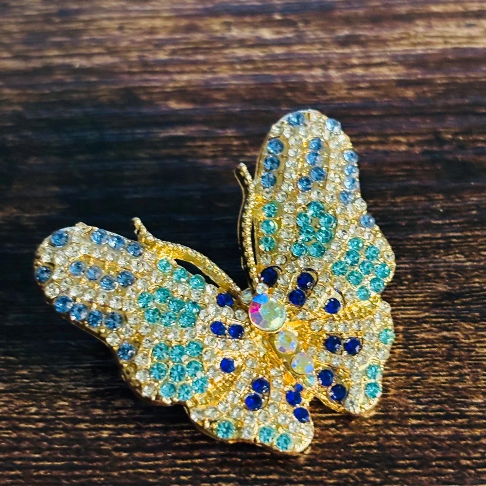 Gold Tone Blue Teal Rhinestone Butterfly Brooch Pin Statement Jewelry
